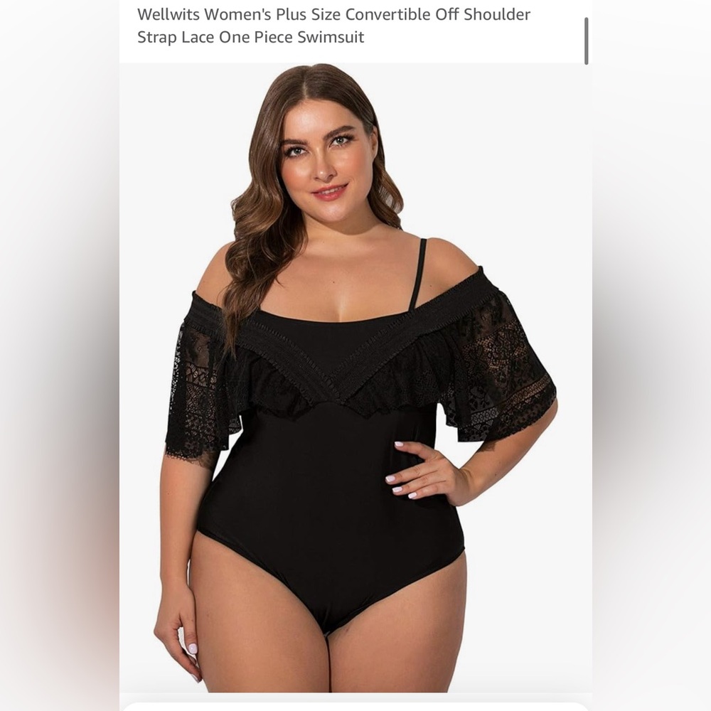 Convertible Off Shoulder Strap Lace One Piece Swimsuit - PLUS SIZE